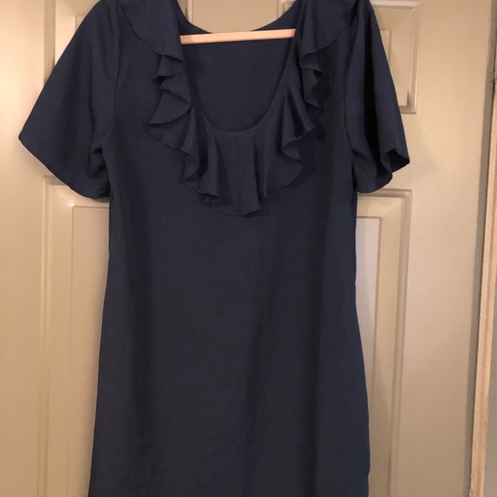 Navy Shift Dress with low cut ruffle back